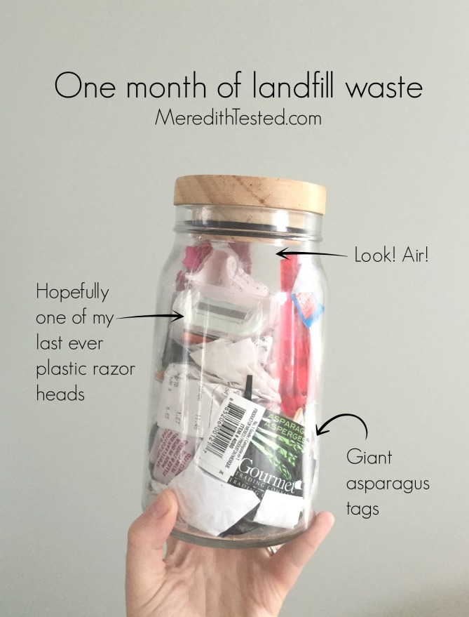 Four months after committing to the zero waste challenge, what's in Meredith's trash jar?